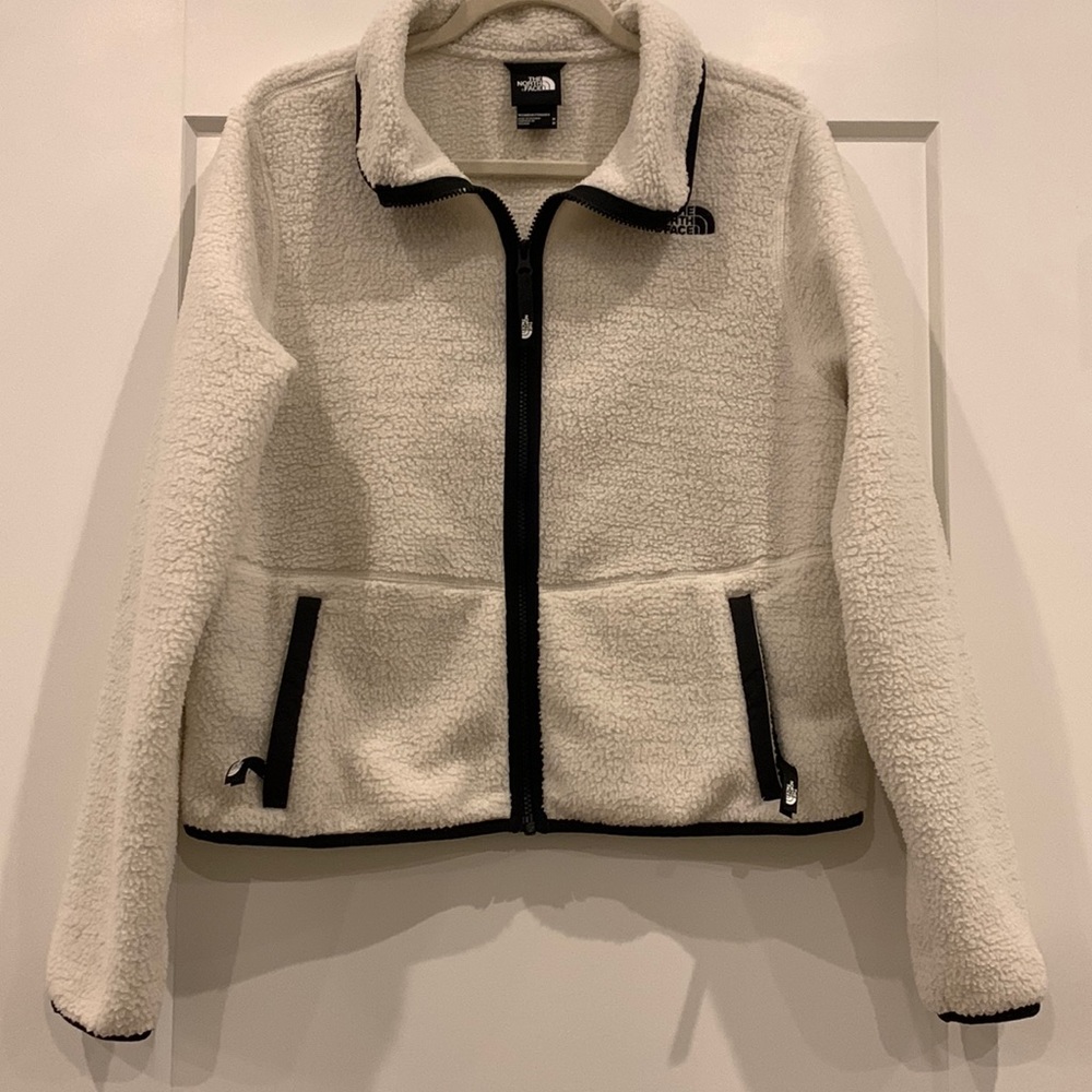 North Face Full Zip Sherpa Fleece Jacket Cream with Black Trim Size Medium